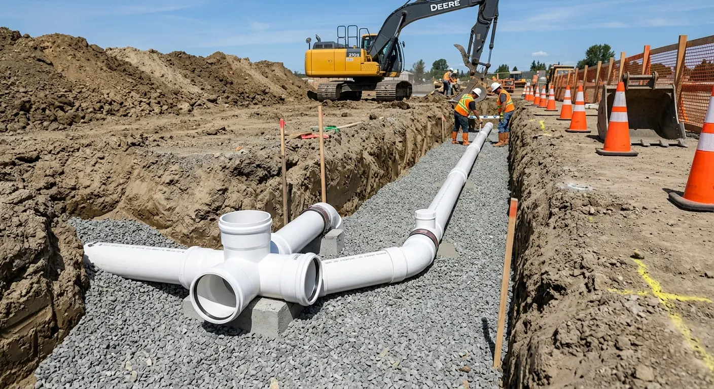 New PVC sewer pipe installation in open trench for Sewer Backup in Chalmette