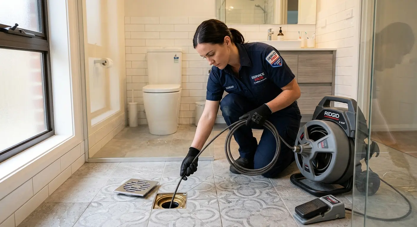 Technician clearing a bathroom floor drain for Hydro Jetting in Chalmette